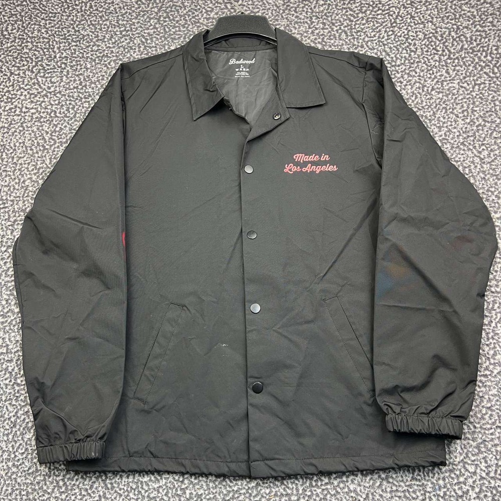 Badwood Windbreaker Jacket Men Large Black Snap Button Long Sleeve L